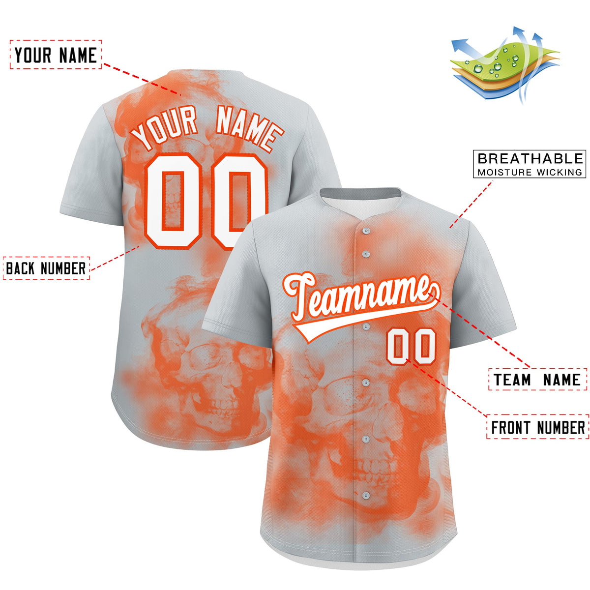 Custom Silver Orange White skeleton Graffiti Pattern Quick Dry Baseball Jersey| KXKSHOP