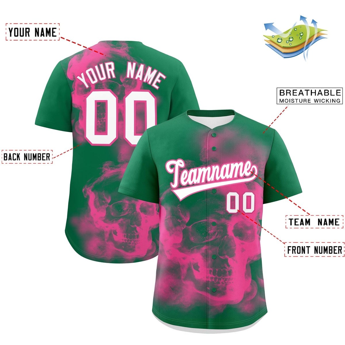 Custom Kelly Green Pink White skeleton Graffiti Pattern Quick Dry Baseball Jersey| KXKSHOP