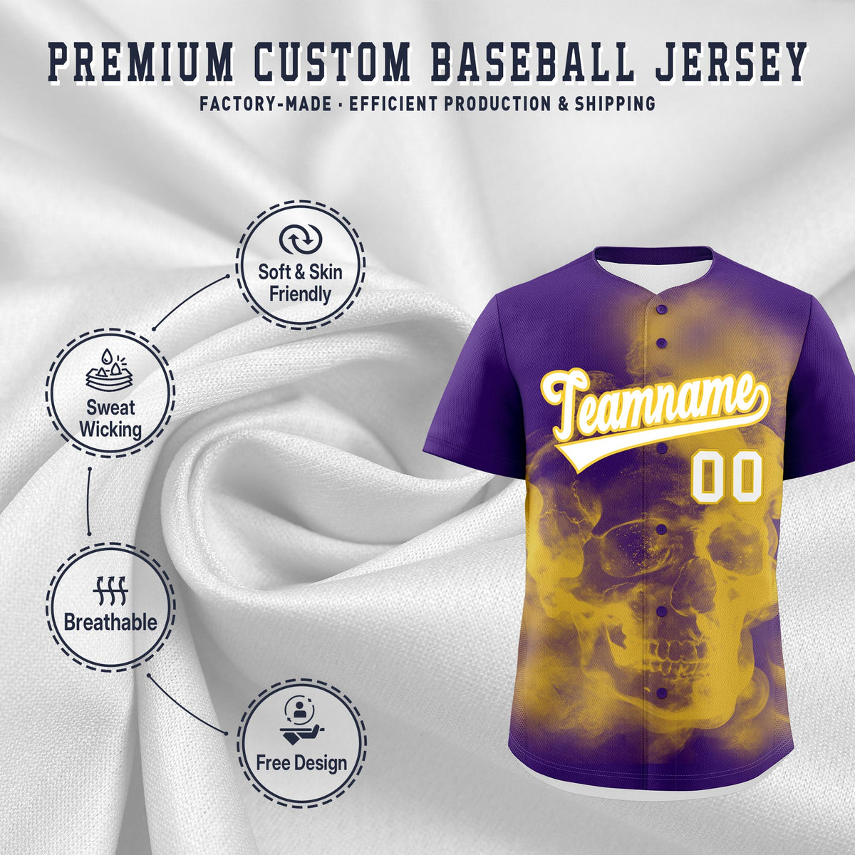 Custom Purple Gold White skeleton Graffiti Pattern Lightweight Baseball Jersey| KXKSHOP