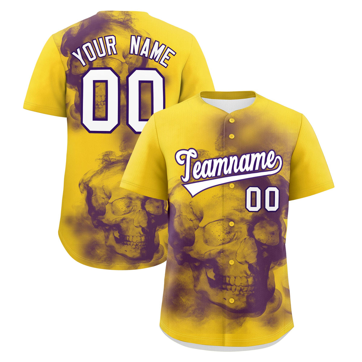 Custom Gold Purple White skeleton Graffiti Pattern Quick Dry Baseball Jersey| KXKSHOP