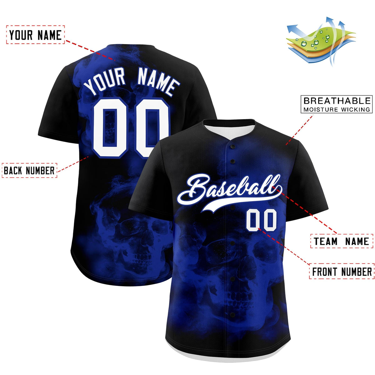 Custom Black Royal Blue White skeleton Graffiti Pattern Lightweight Baseball Jersey| KXKSHOP