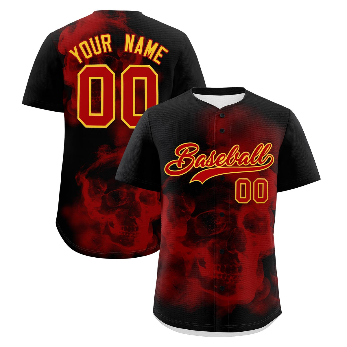 Custom Black Red Gold skeleton Graffiti Pattern Quick Dry Baseball Jersey| KXKSHOP