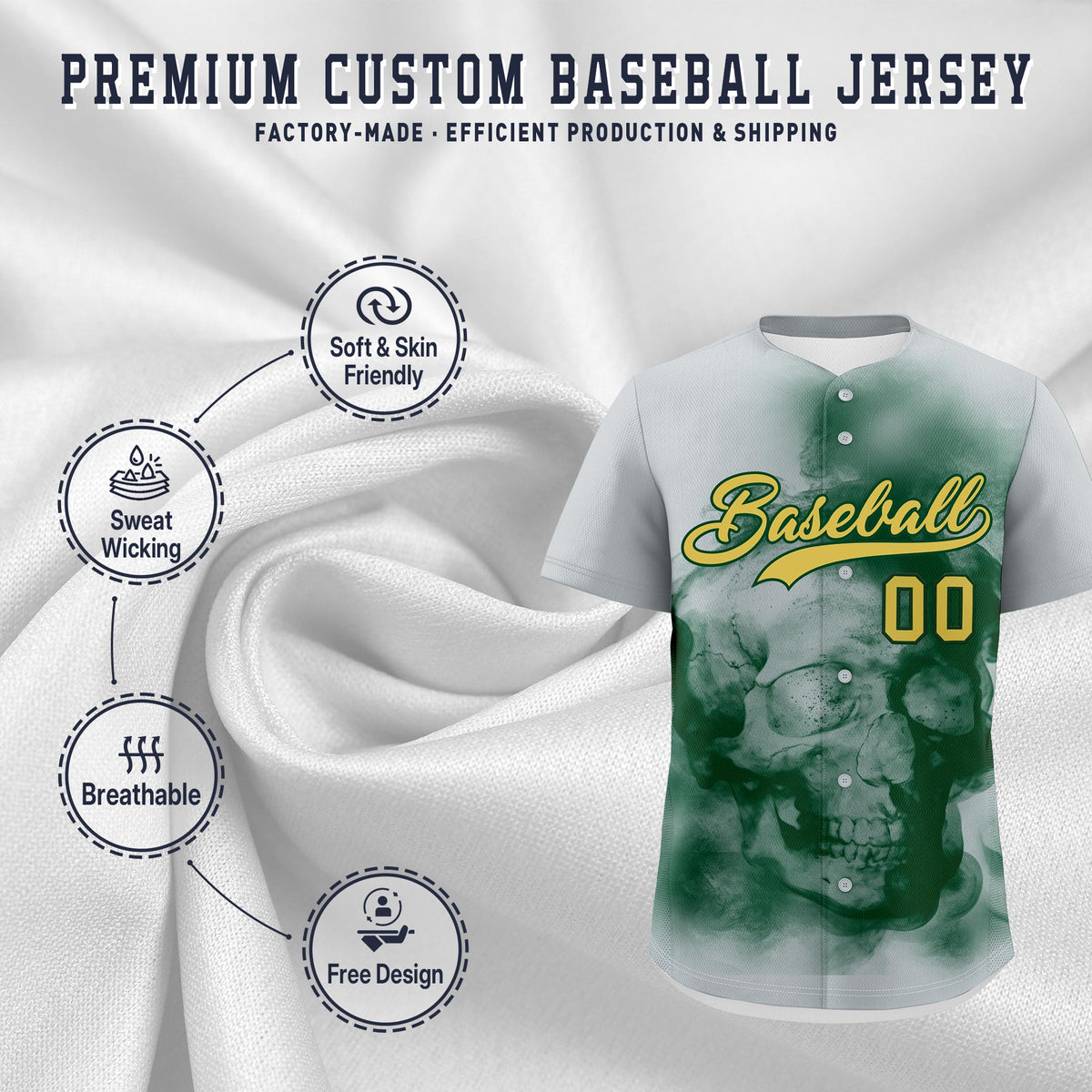 Custom Silver Dark Green Old Gold skeleton Graffiti Pattern Quick Dry Baseball Jersey| KXKSHOP