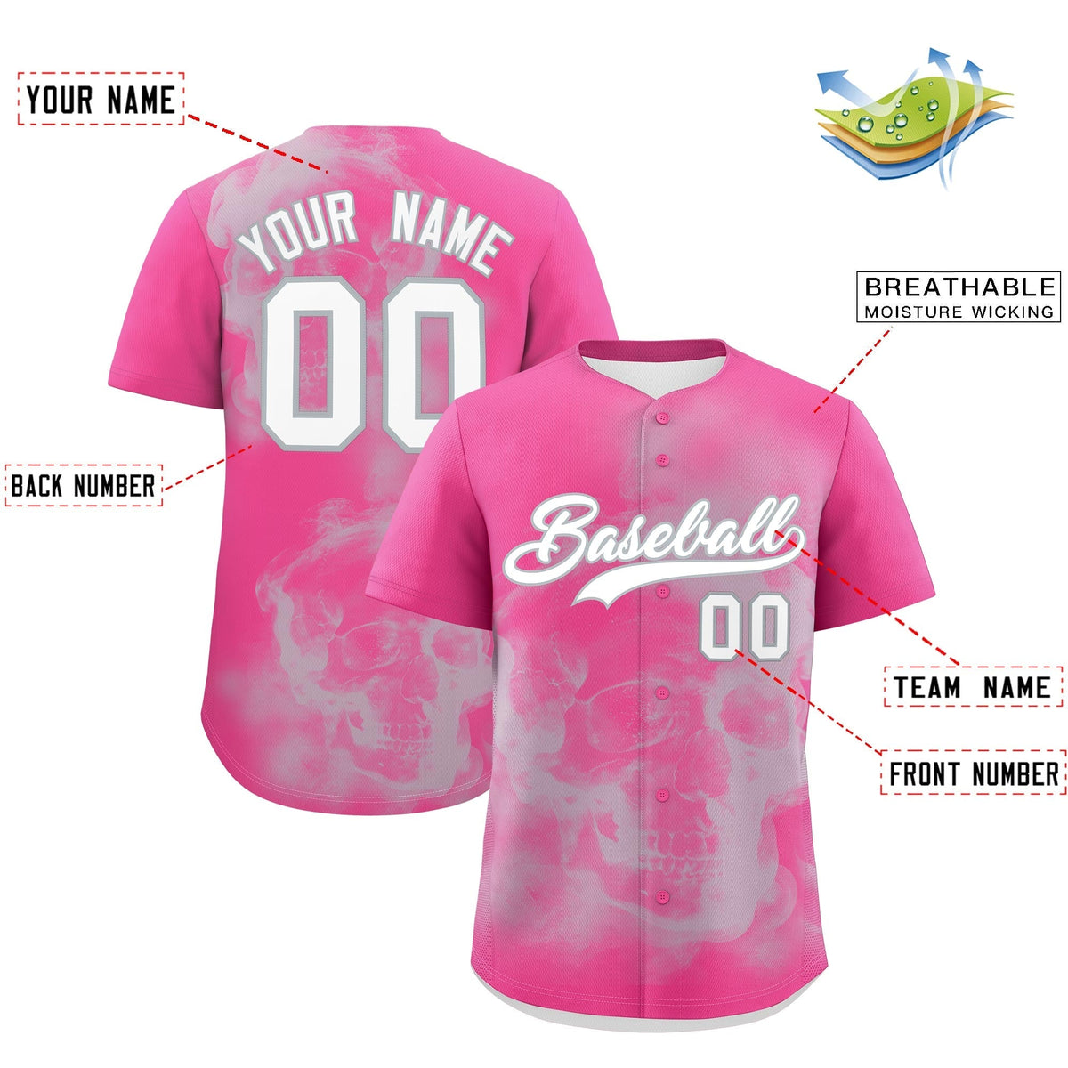Custom Pink Silver White skeleton Graffiti Pattern Quick Dry Baseball Jersey| KXKSHOP