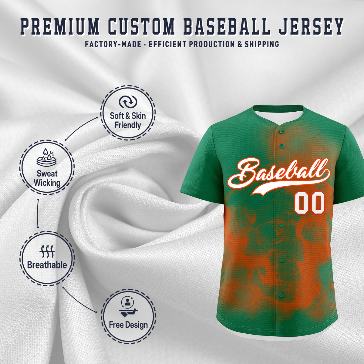 Custom Kelly Green Orange White skeleton Graffiti Pattern Lightweight Baseball Jersey| KXKSHOP