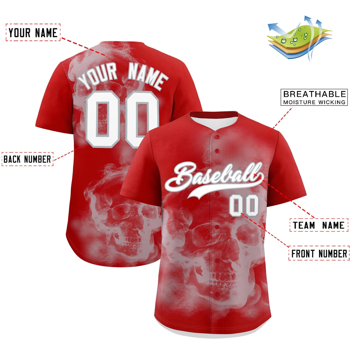 Custom Red Silver White skeleton Graffiti Pattern Lightweight Baseball Jersey| KXKSHOP