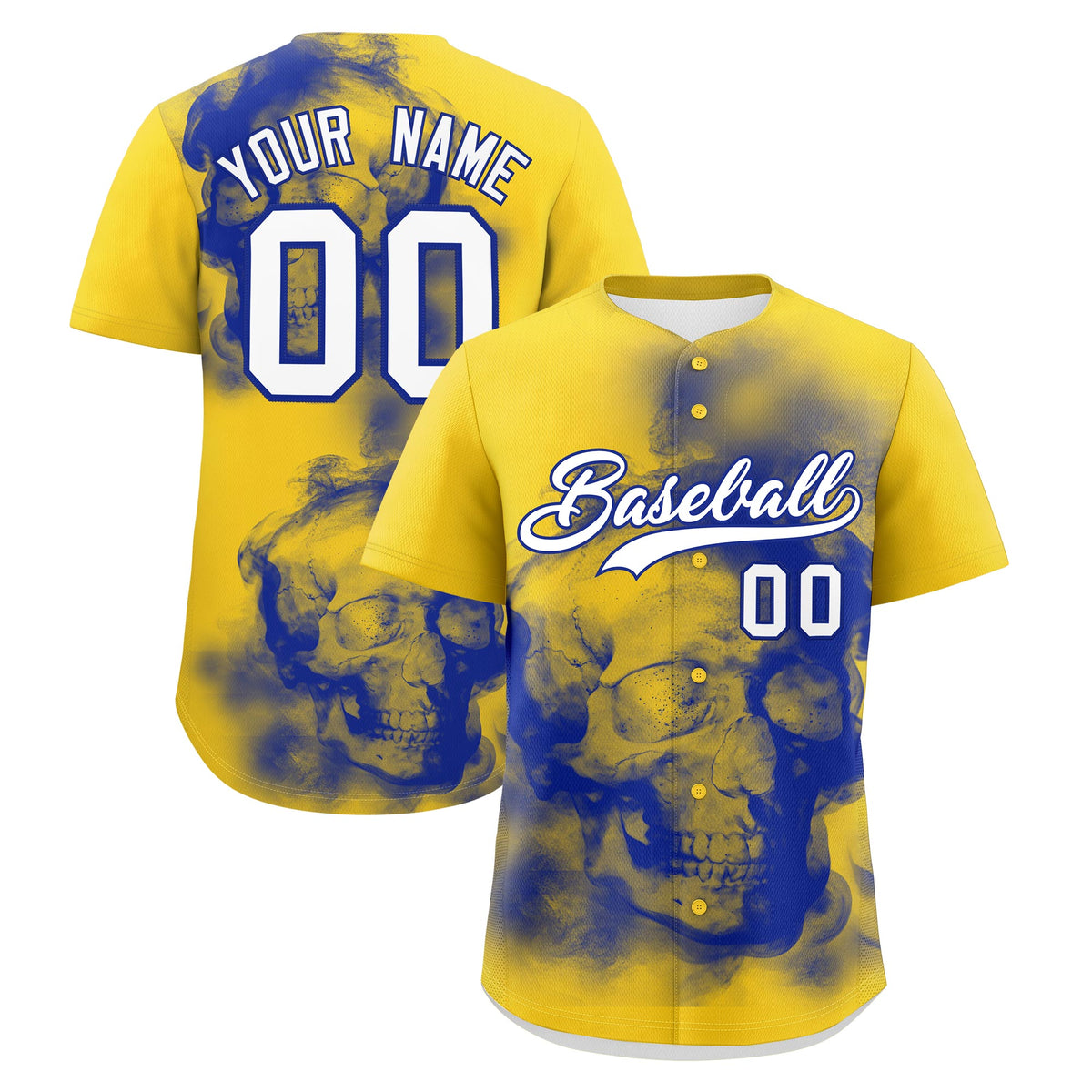 Custom Gold Royal Blue White skeleton Graffiti Pattern Lightweight Baseball Jersey| KXKSHOP