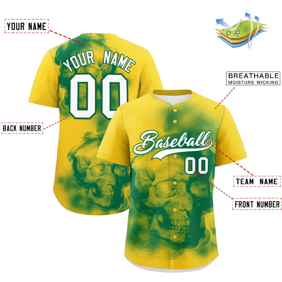 Custom Gold Kelly Green White skeleton Graffiti Pattern Lightweight Baseball Jersey| KXKSHOP