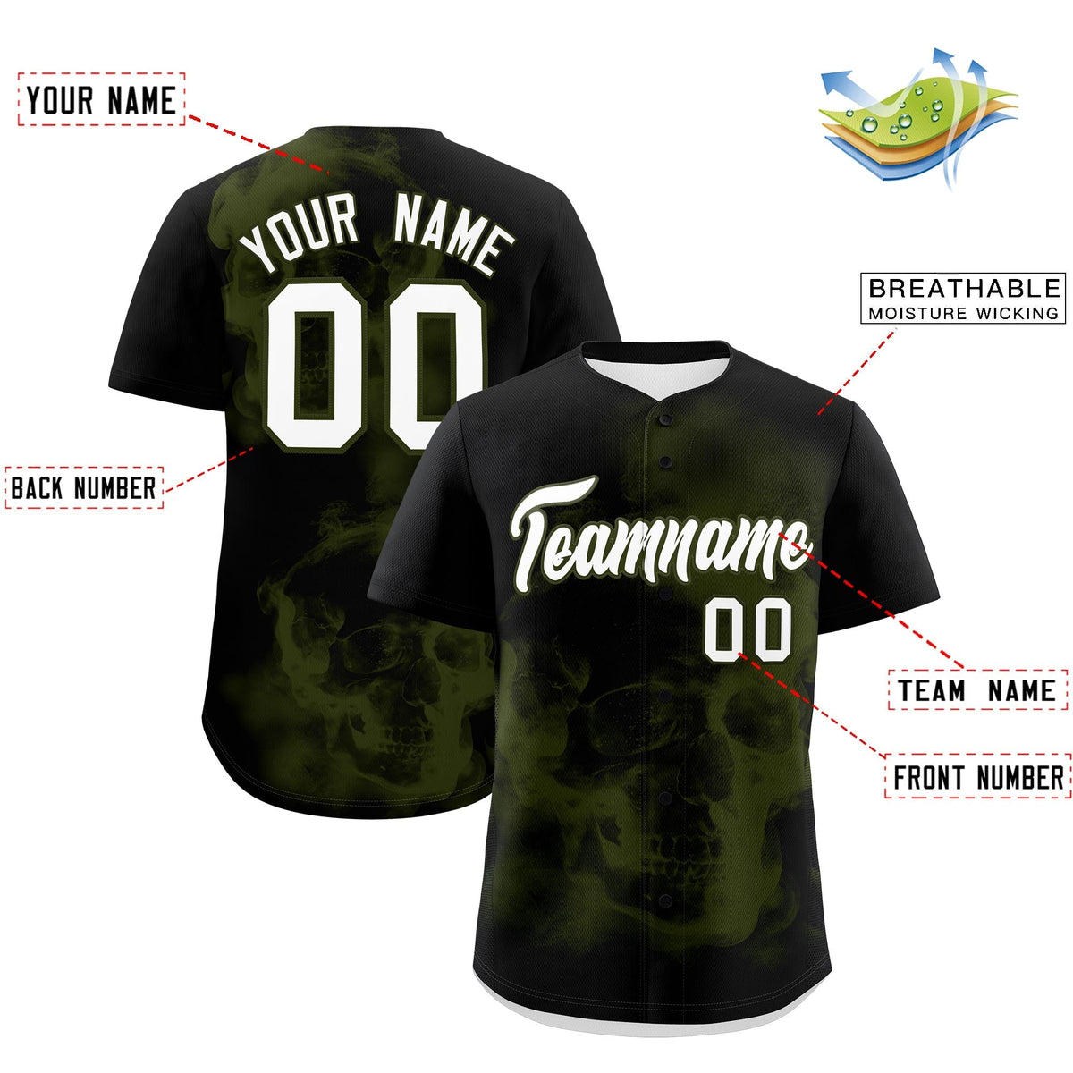 Custom Black Olive White skeleton Graffiti Pattern Lightweight Baseball Jersey| KXKSHOP