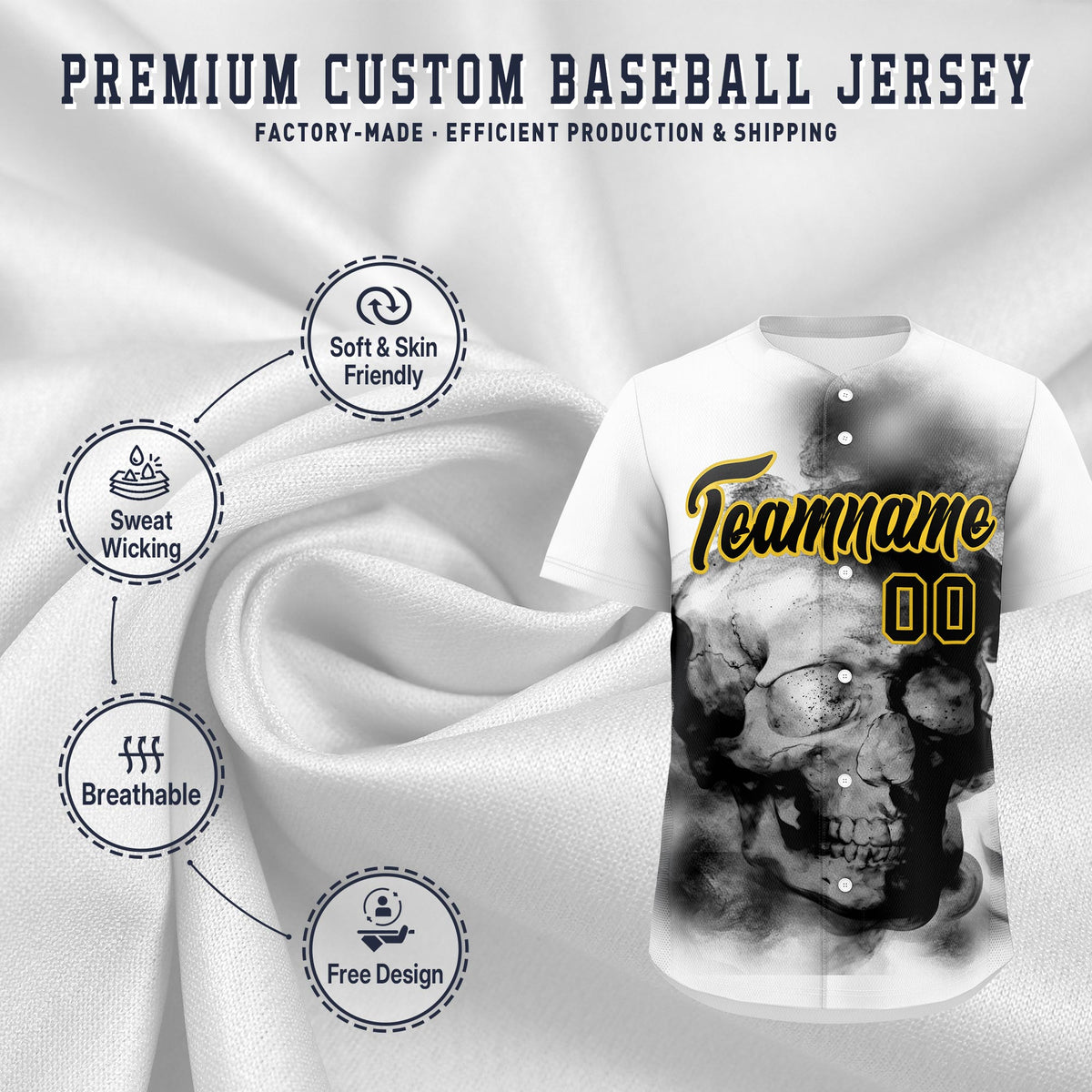 Custom White Black Gold skeleton Graffiti Pattern Lightweight Baseball Jersey| KXKSHOP