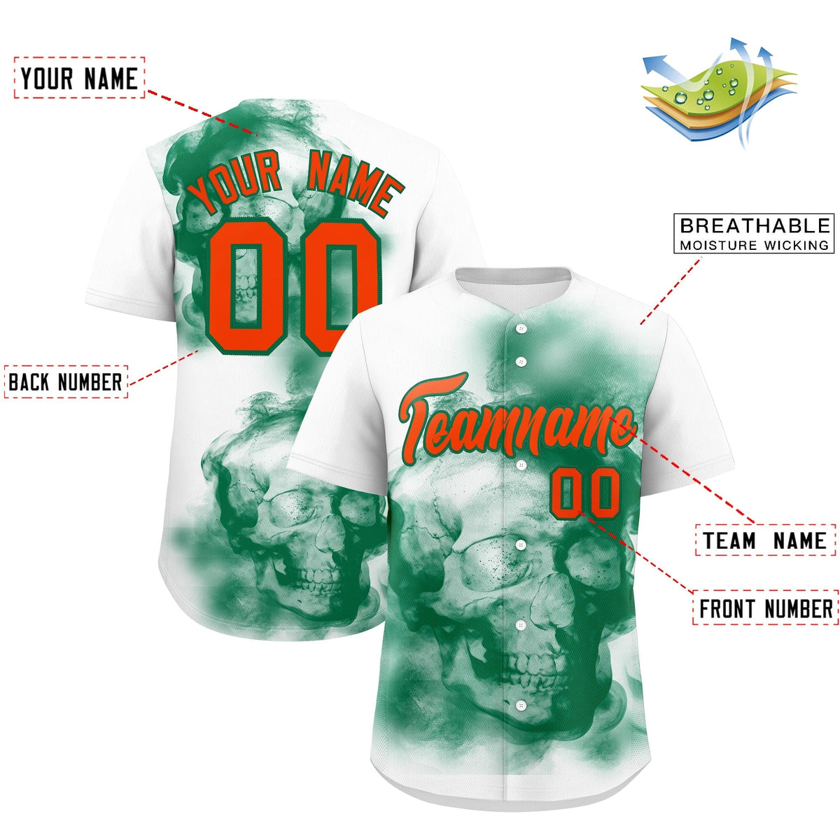 Custom White Kelly Green Orange skeleton Graffiti Pattern Quick Dry Baseball Jersey| KXKSHOP