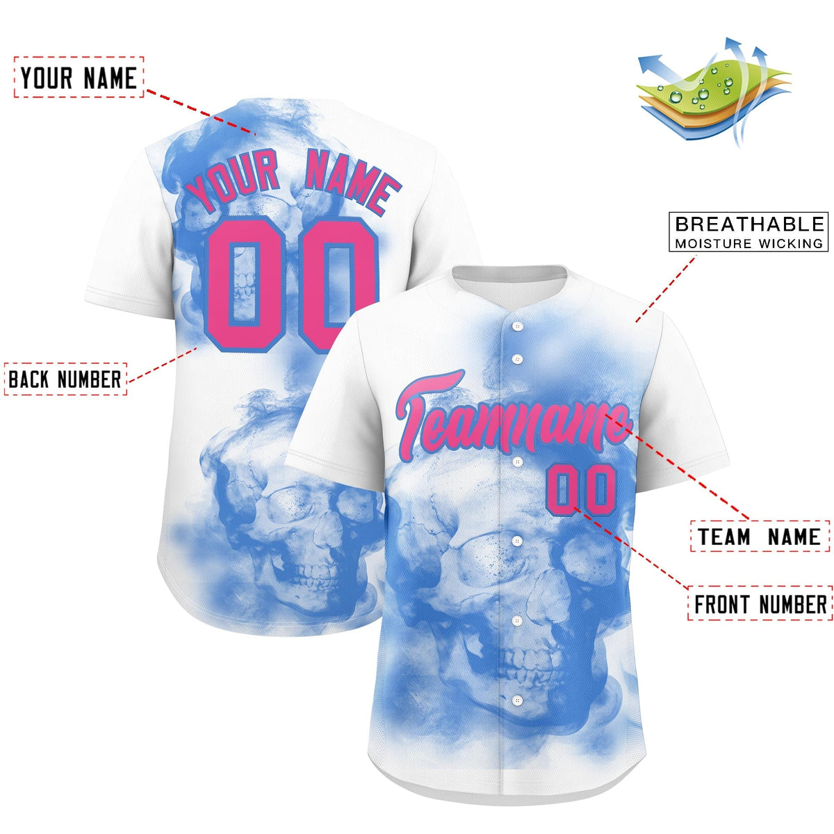 Custom White Powder Blue Pink skeleton Graffiti Pattern Quick Dry Baseball Jersey| KXKSHOP
