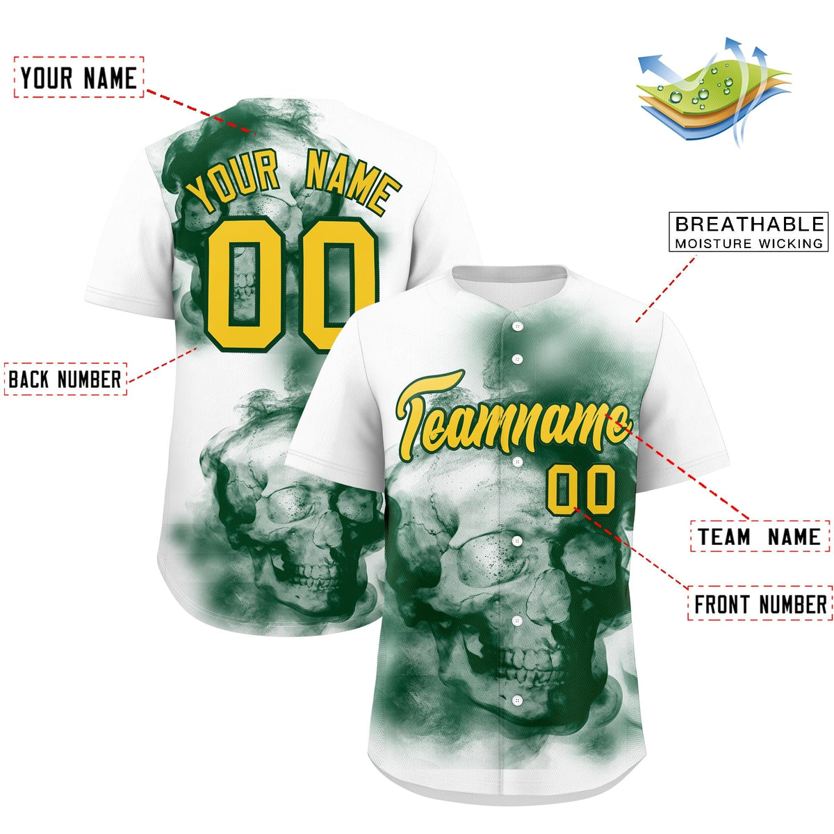 Custom White Dark Green Gold skeleton Graffiti Pattern Lightweight Baseball Jersey| KXKSHOP