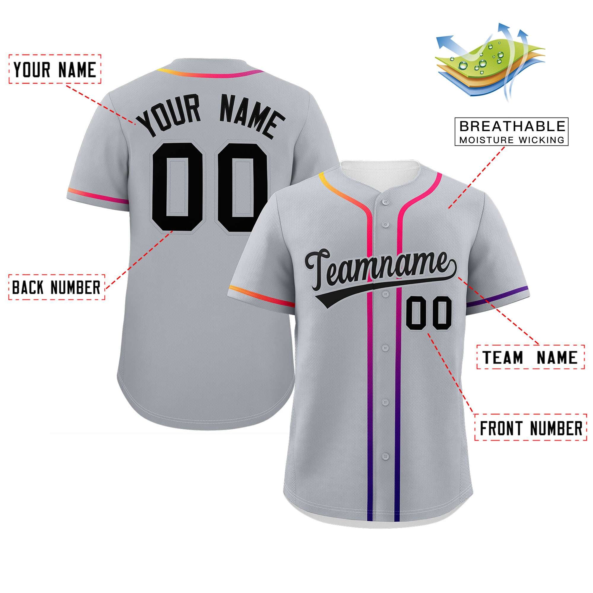 Custom Light Gray Black Personalized Gradient Ribbed Design Authentic Baseball Jersey