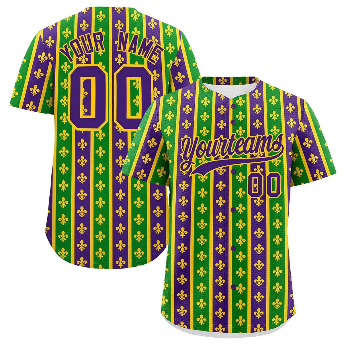 Custom Purple Kelly Green Gold Personalization Stripe Mardi Gras Authentic Baseball Jersey| KXKSHOP