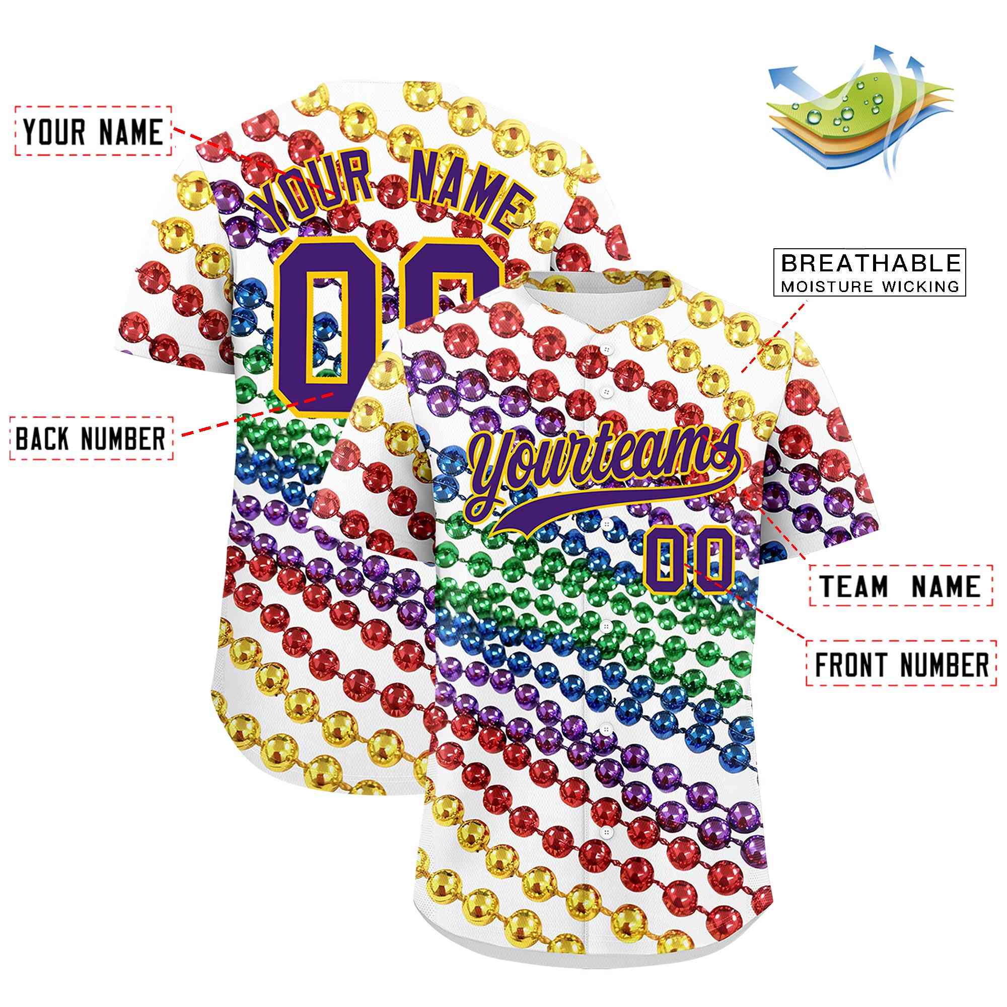 Custom White Purple Gold Personalization Graffiti Mardi Gras Authentic Baseball Jersey| KXKSHOP