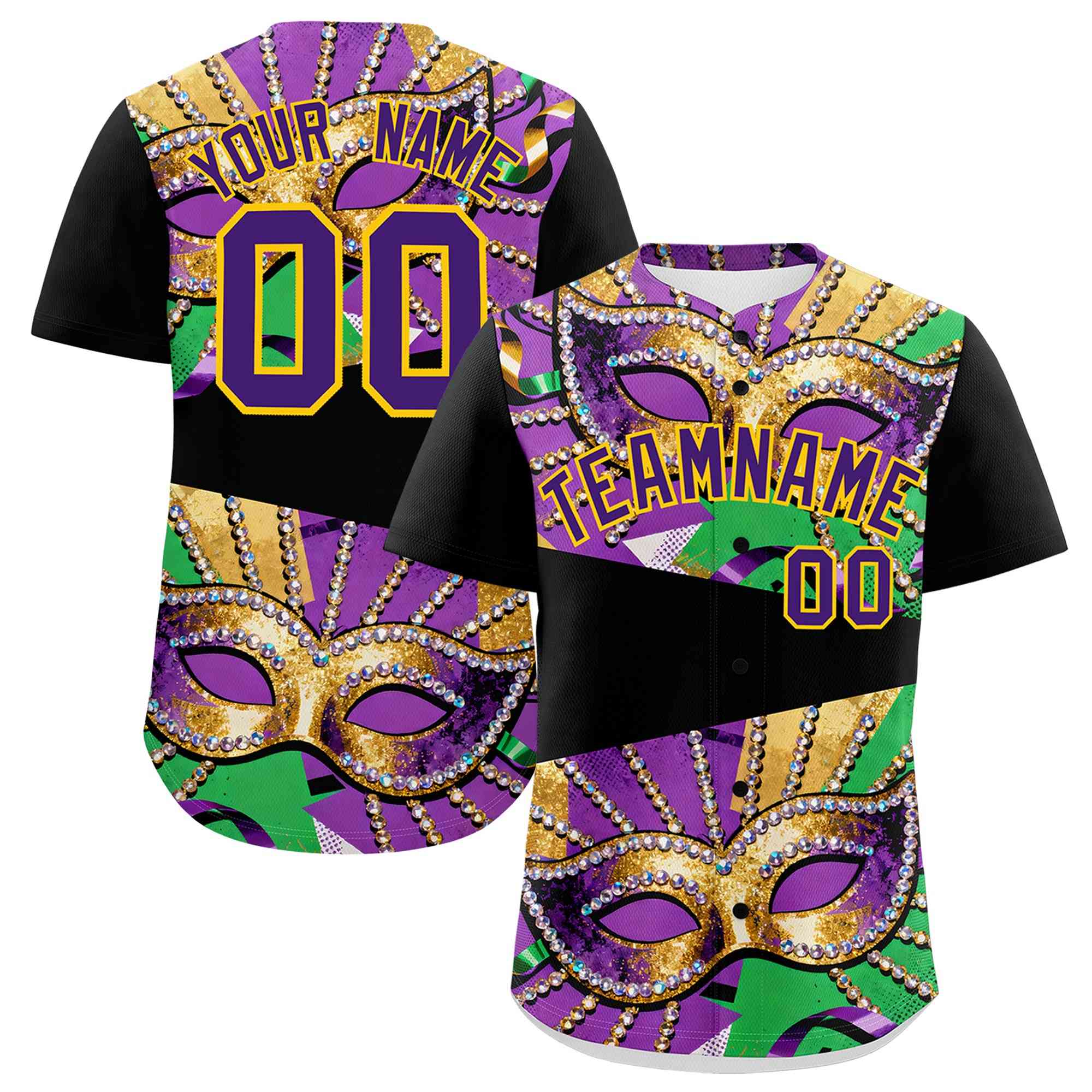 Custom Black Gold Purple Personalization Mardi Gras Authentic Baseball Jersey| KXKSHOP