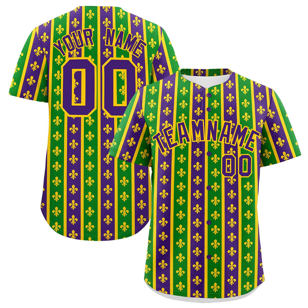 Custom Purple Kelly Green Gold Personalization Stripe Mardi Gras Authentic Baseball Jersey| KXKSHOP