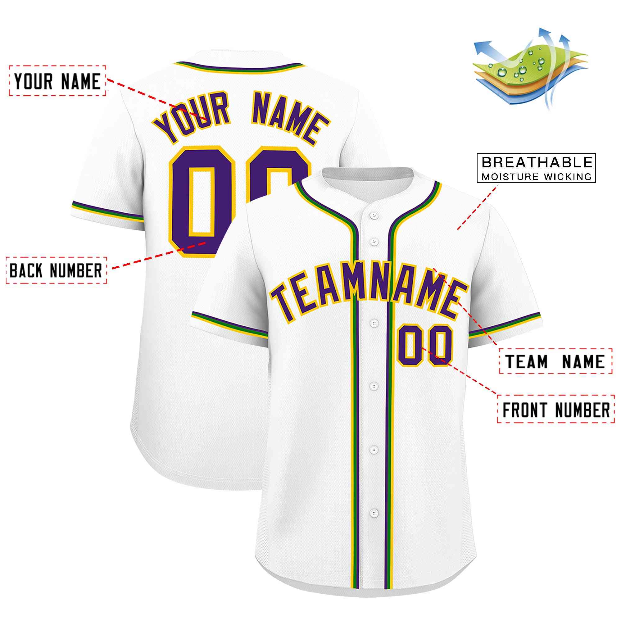 Custom White Purple Gold Kelly Green Personalization Mardi Gras Authentic Baseball Jersey| KXKSHOP