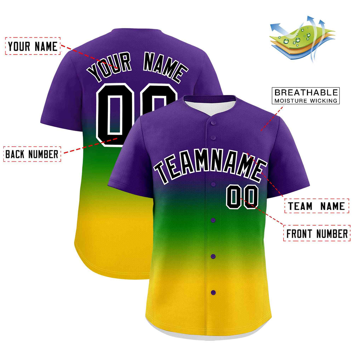 Custom Purple Kelly Green Gold Personalization Gradient Mardi Gras Authentic Baseball Jersey| KXKSHOP