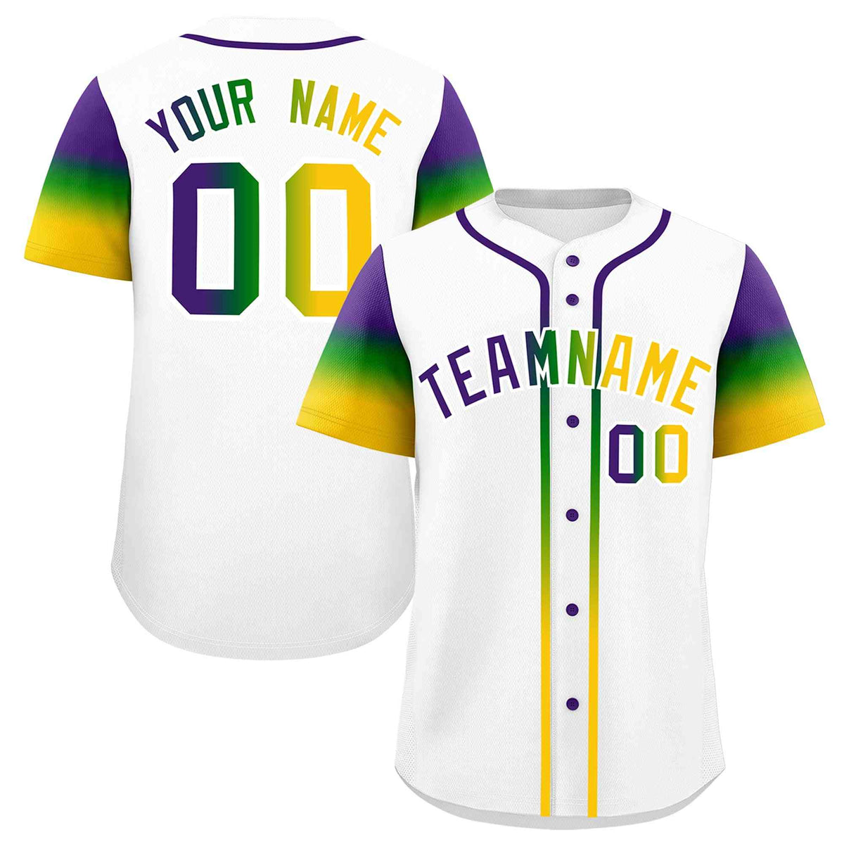 Custom White Purple Kelly Green Gold Personalization Gradient Mardi Gras Authentic Baseball Jersey| KXKSHOP