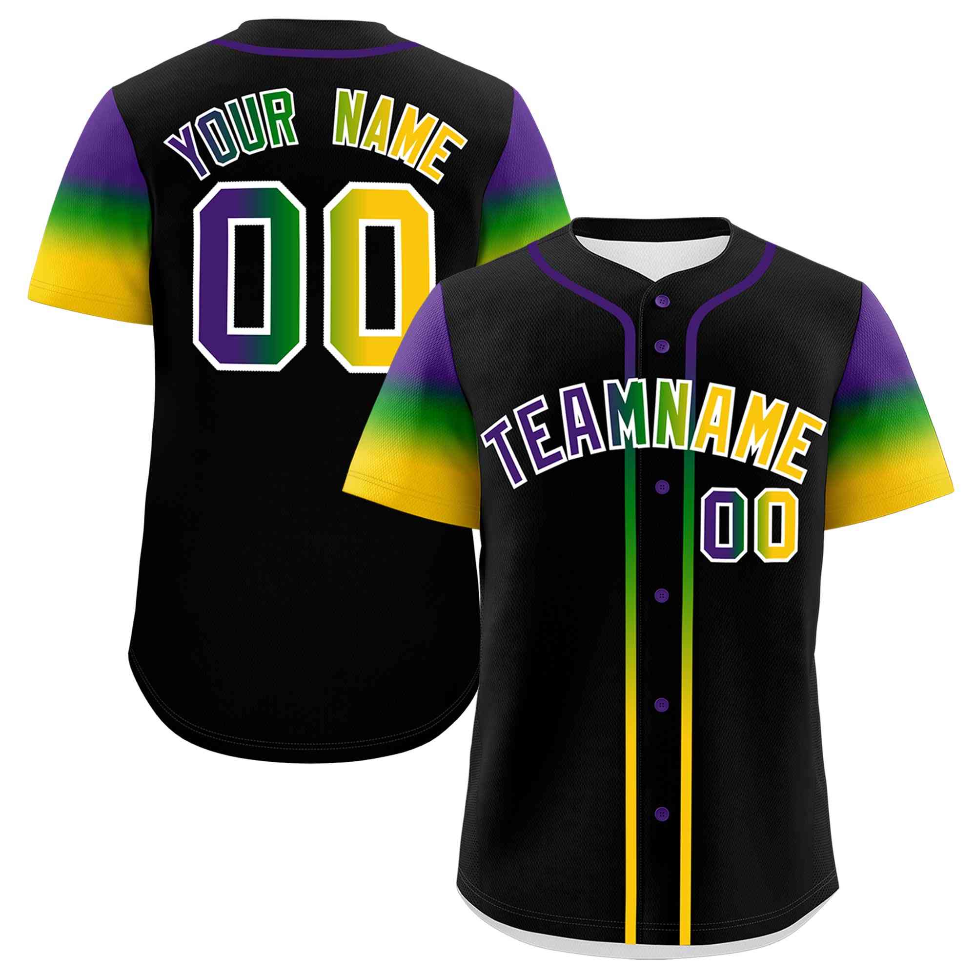 Custom Black Purple Kelly Green Gold Personalization Gradient Mardi Gras Authentic Baseball Jersey| KXKSHOP
