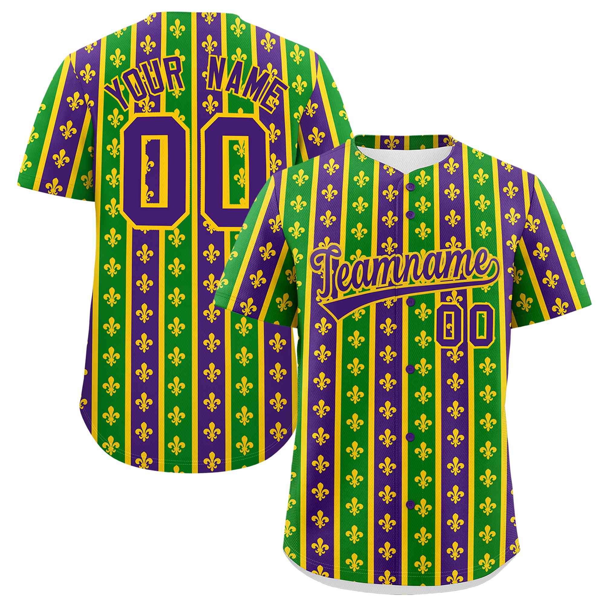 Custom Purple Kelly Green Gold Personalization Stripe Mardi Gras Authentic Baseball Jersey| KXKSHOP
