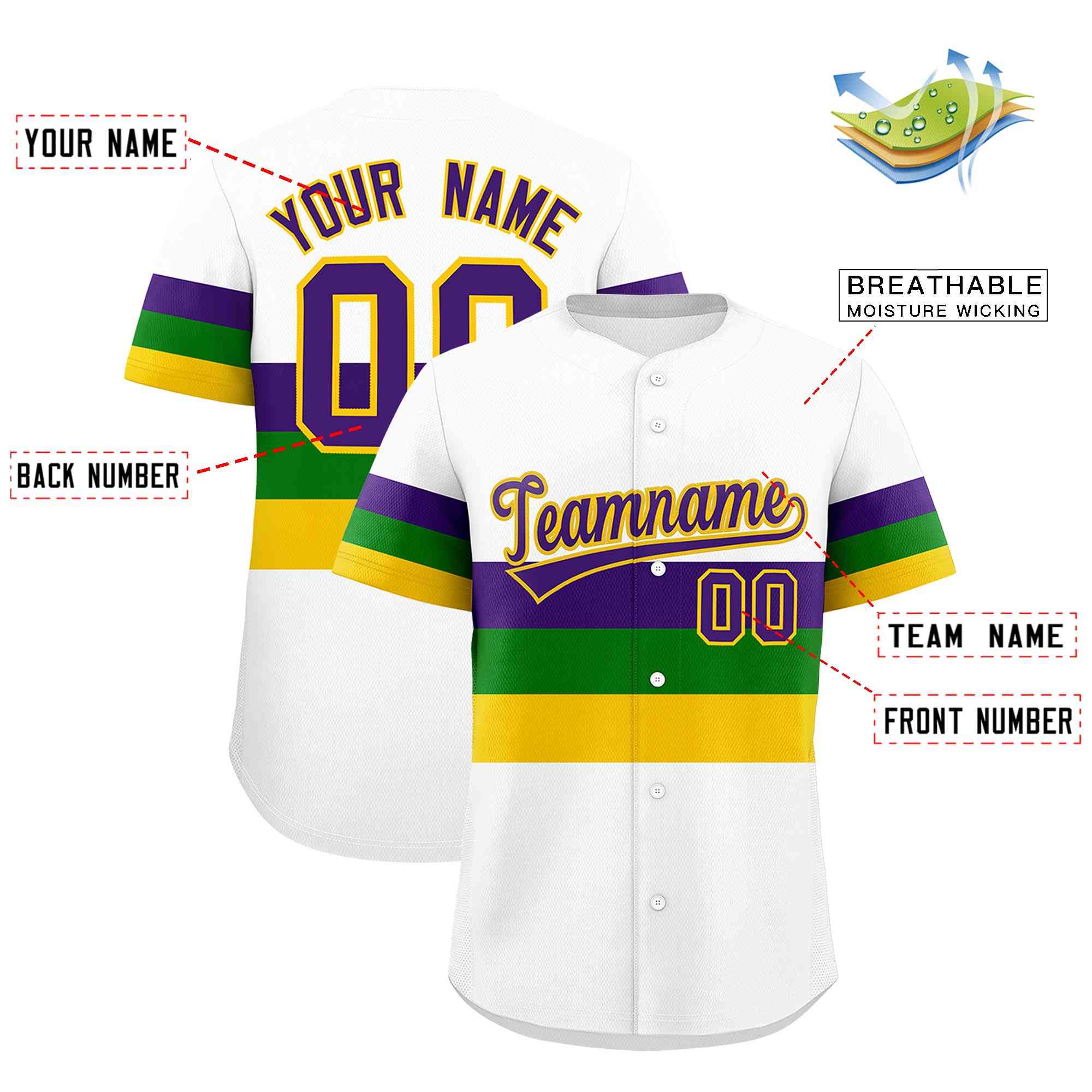 Custom White Purple Kelly Green Gold Personalization Mardi Gras Authentic Baseball Jersey| KXKSHOP