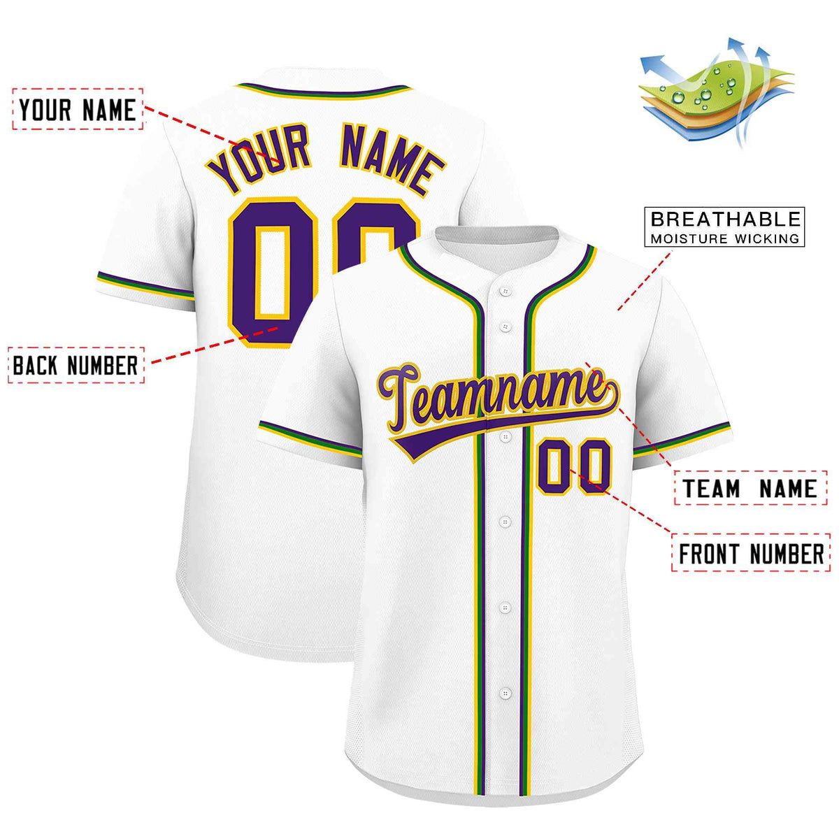 Custom White Purple Gold Kelly Green Personalization Mardi Gras Authentic Baseball Jersey| KXKSHOP
