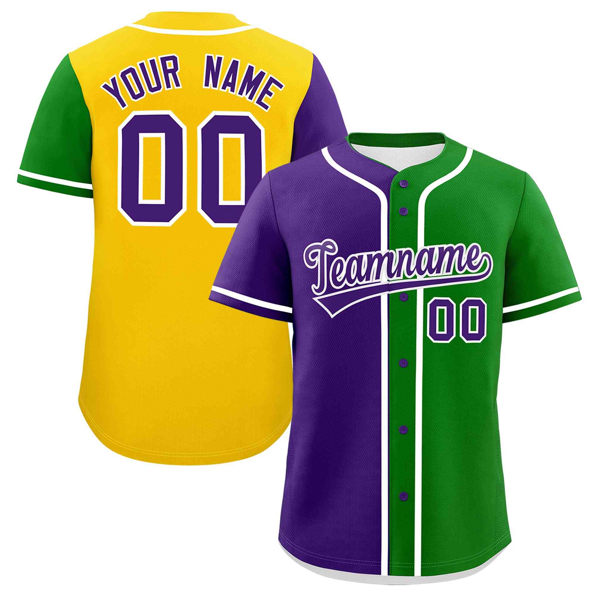 Custom Purple Kelly Green Gold Personalization Split Mardi Gras Authentic Baseball Jersey| KXKSHOP