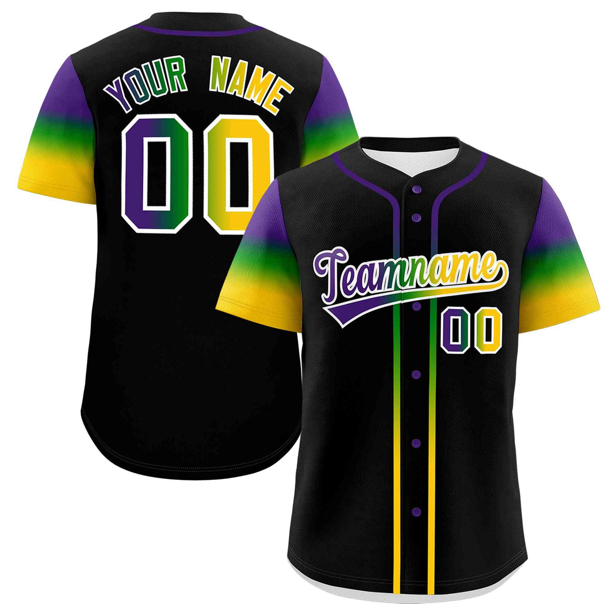 Custom Black Purple Kelly Green Gold Personalization Gradient Mardi Gras Authentic Baseball Jersey| KXKSHOP
