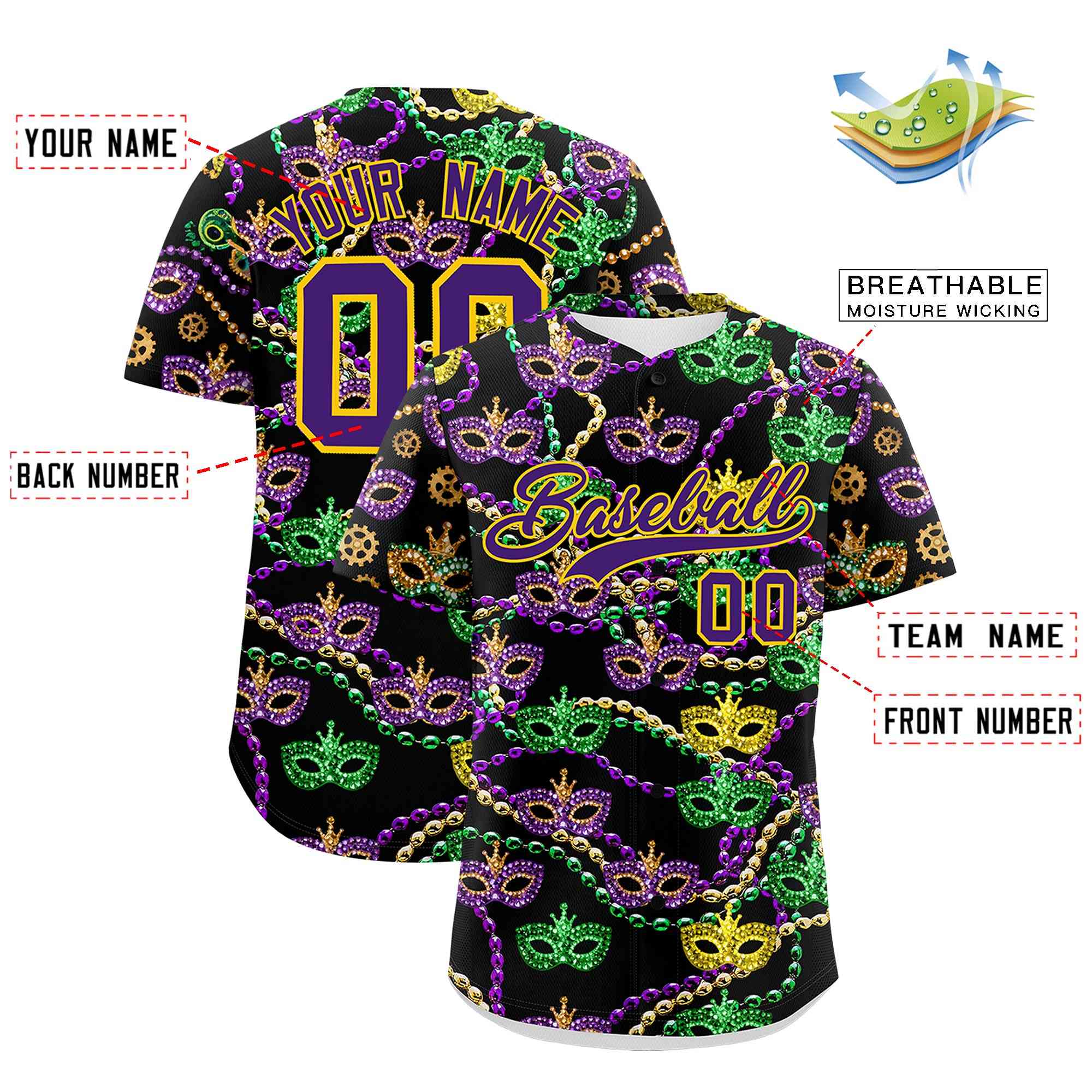 Custom Black Purple Personalization Mardi Gras Authentic Baseball Jersey| KXKSHOP