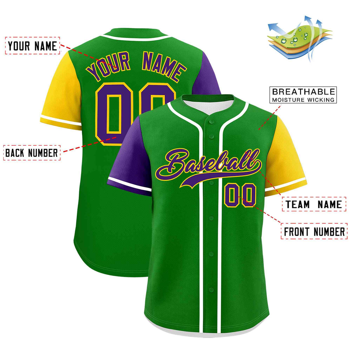 Custom Kelly Green Purple Personalization Mardi Gras Authentic Baseball Jersey| KXKSHOP