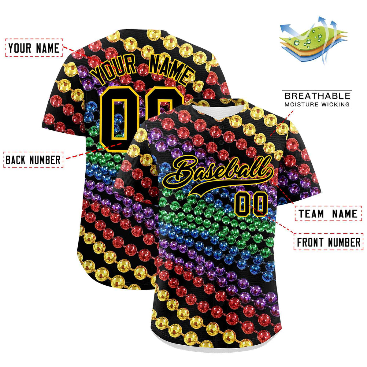 Custom Black Gold Personalization Mardi Gras Authentic Baseball Jersey| KXKSHOP