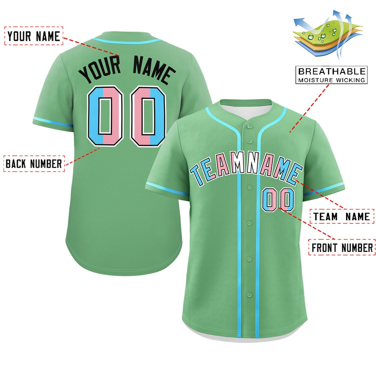 Custom Green Powder Blue White Transgender For Pride Month Classic Style Baseball Jersey| KXKSHOP