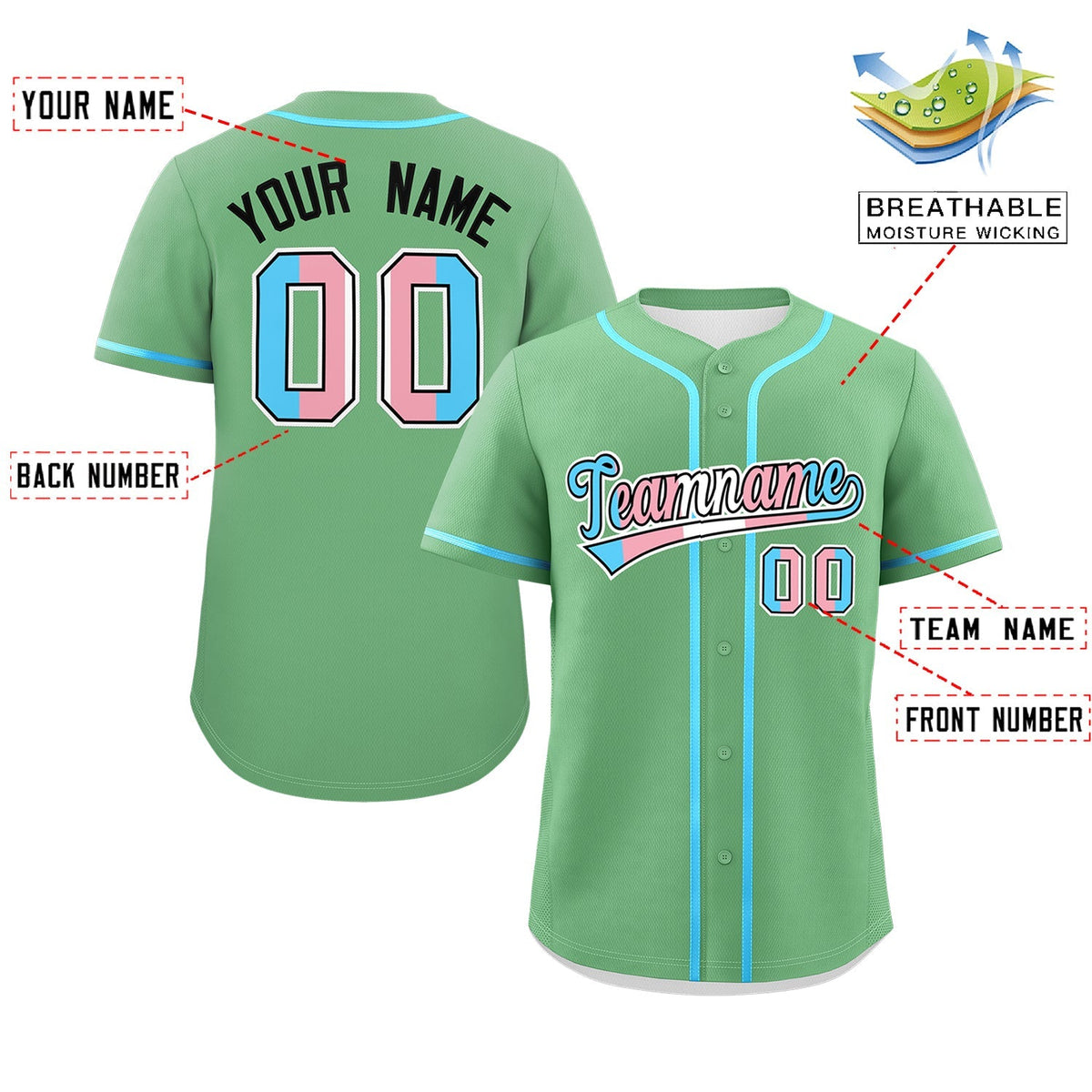 Custom Green Powder Blue White Transgender For Pride Month Classic Style Baseball Jersey| KXKSHOP