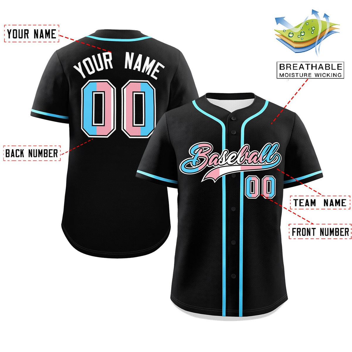 Custom Black Powder Blue Transgender For Pride Month Classic Style Baseball Jersey| KXKSHOP