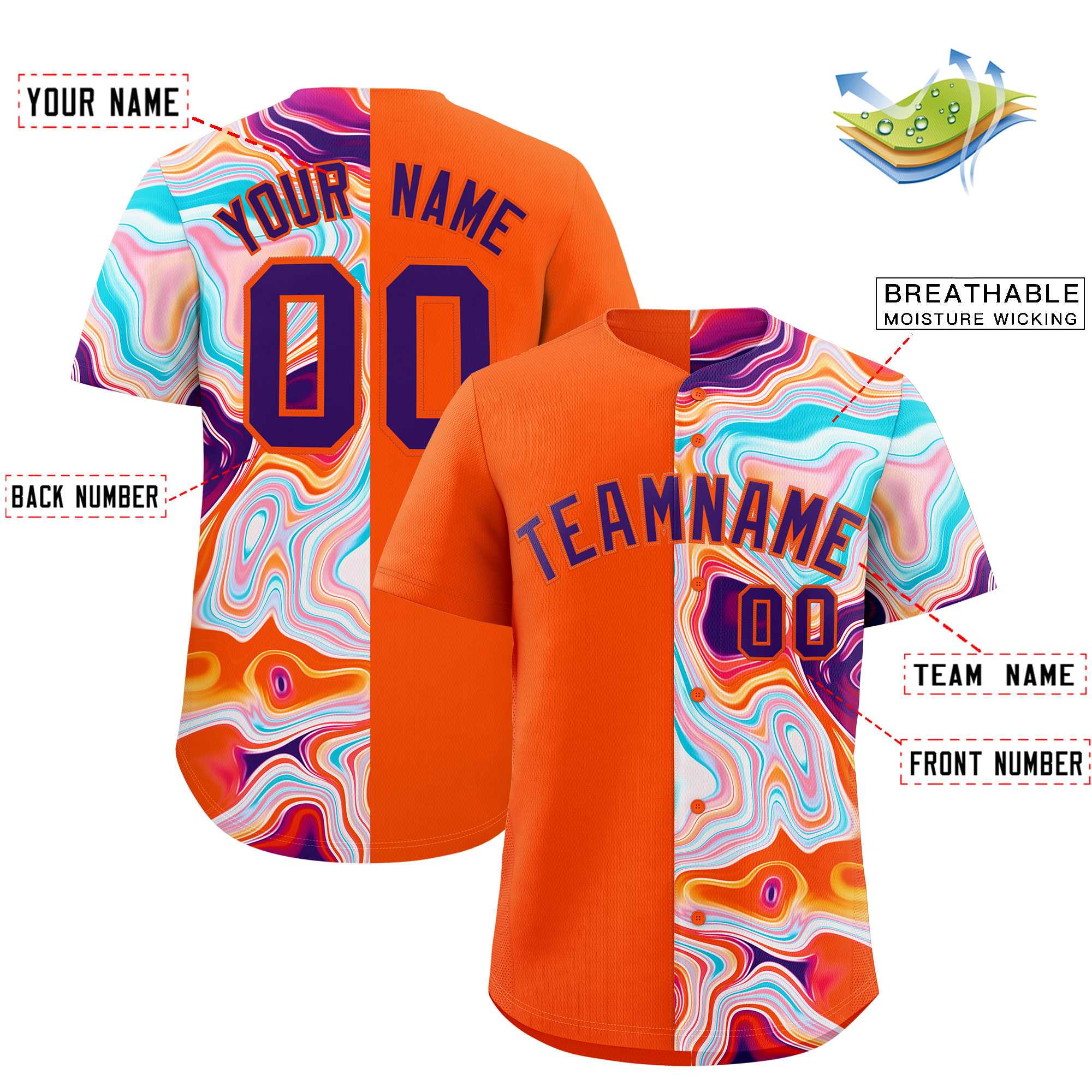 Custom Orange Split Fashion Fluid Pattern Authentic Baseball Jersey| KXKSHOP
