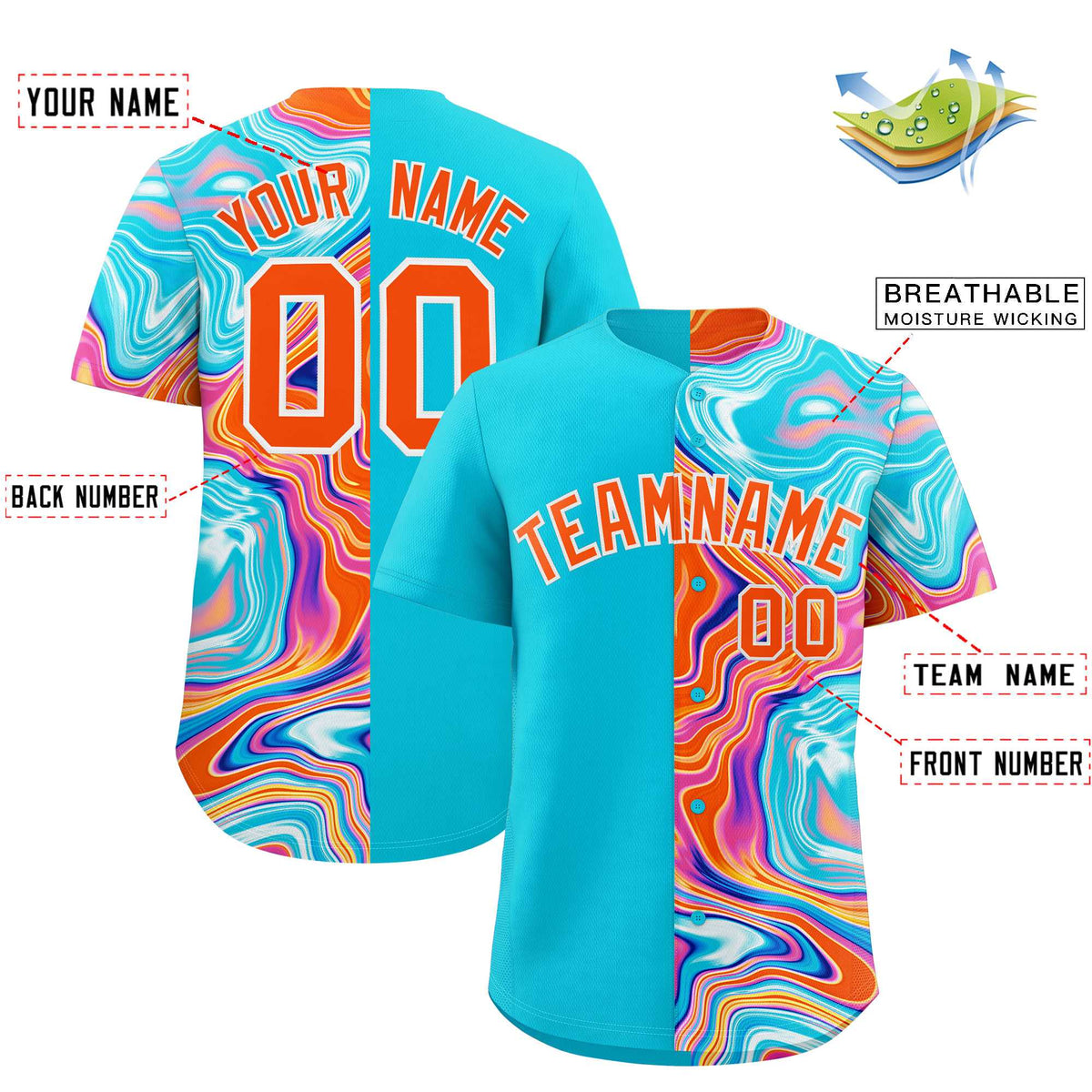 Custom Sky Blue Split Fashion Fluid Pattern Authentic Baseball Jersey| KXKSHOP
