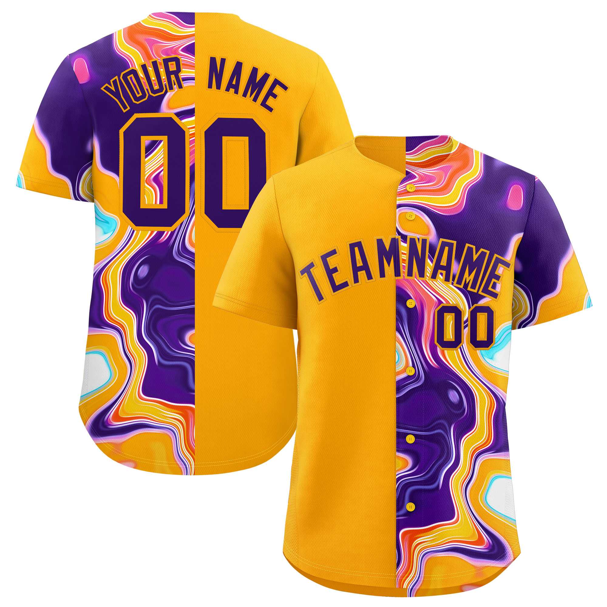 Custom Yellow Split Fashion Fluid Pattern Authentic Baseball Jersey| KXKSHOP