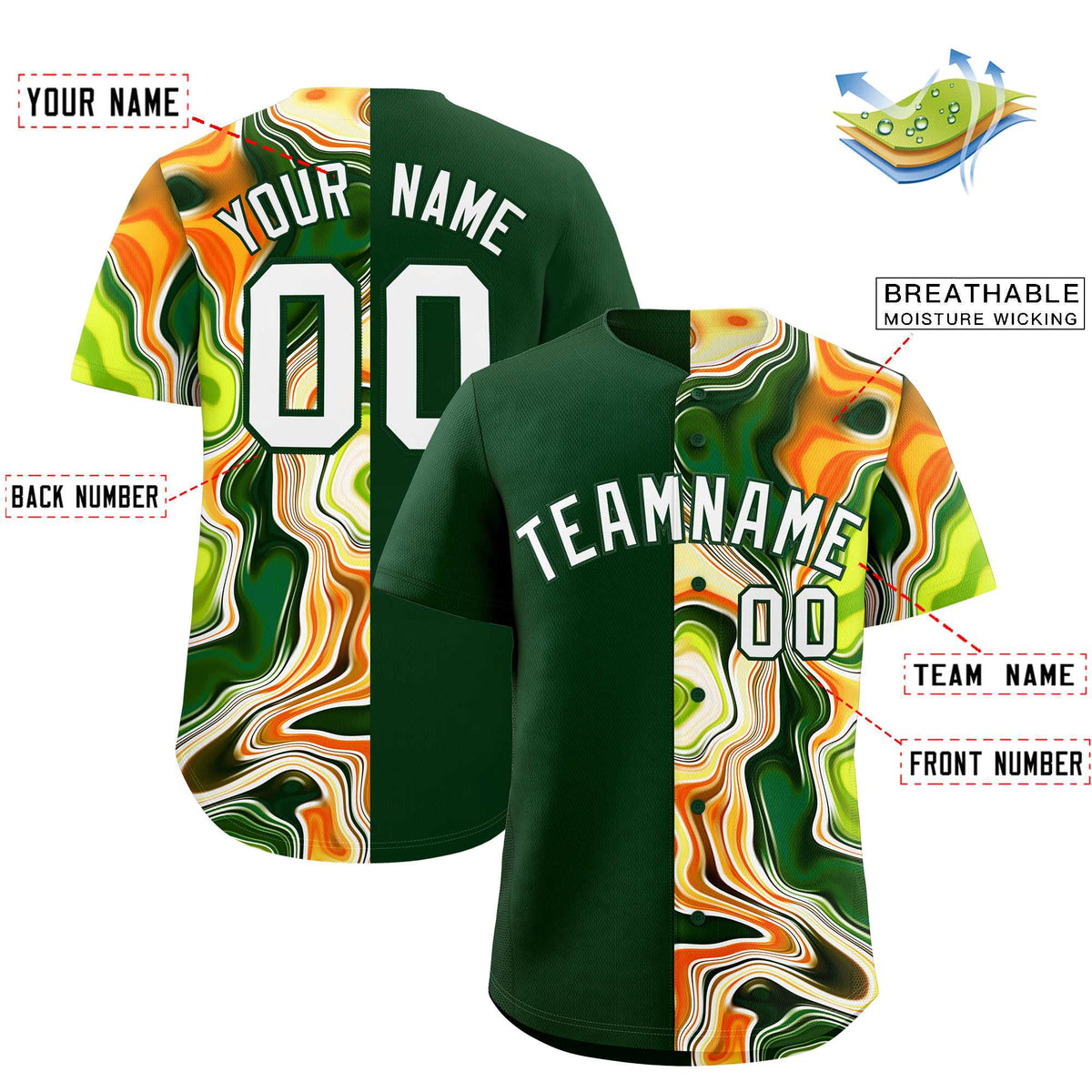 Custom Green Split Fashion Fluid Pattern Authentic Baseball Jersey| KXKSHOP