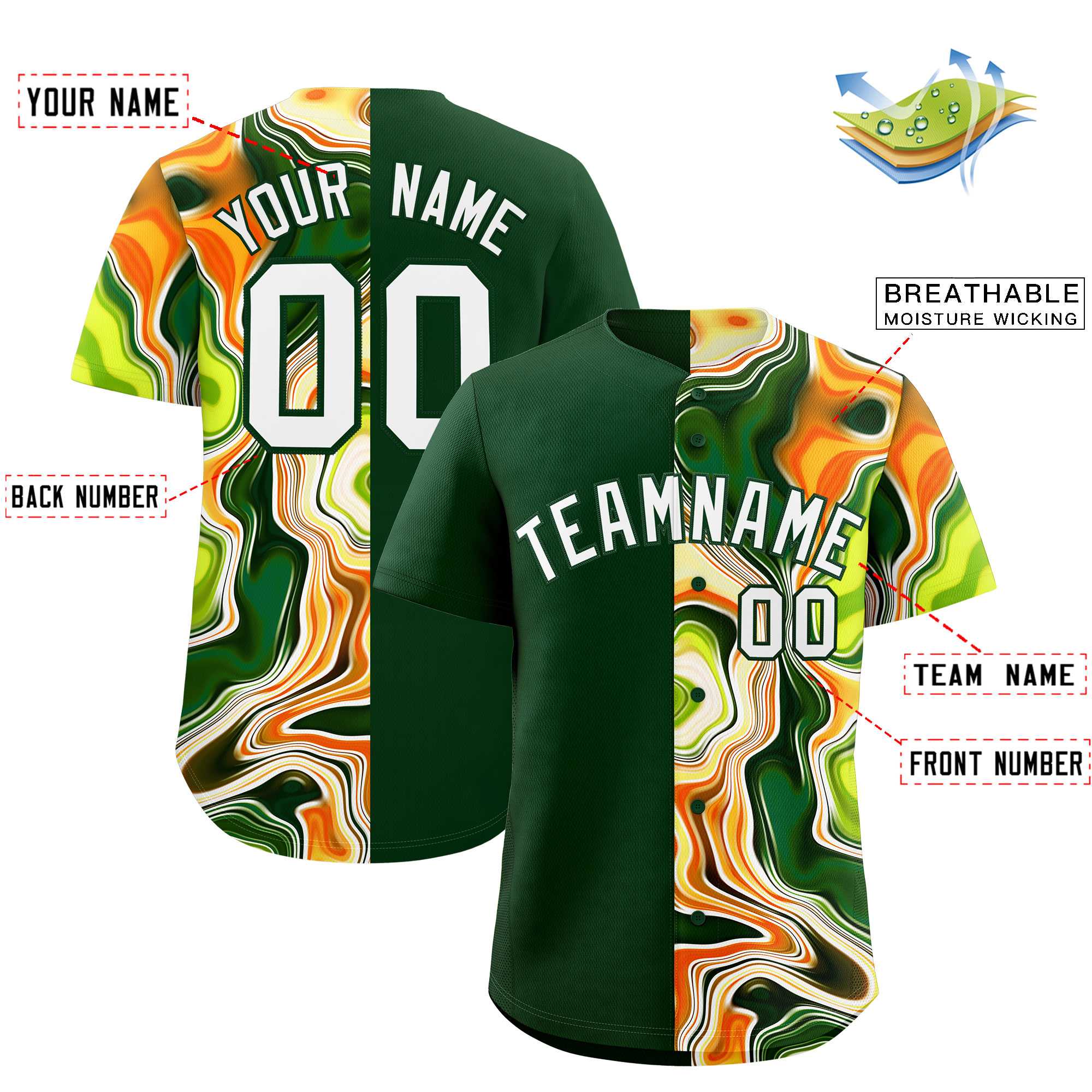 Custom Green Split Fashion Fluid Pattern Authentic Baseball Jersey| KXKSHOP