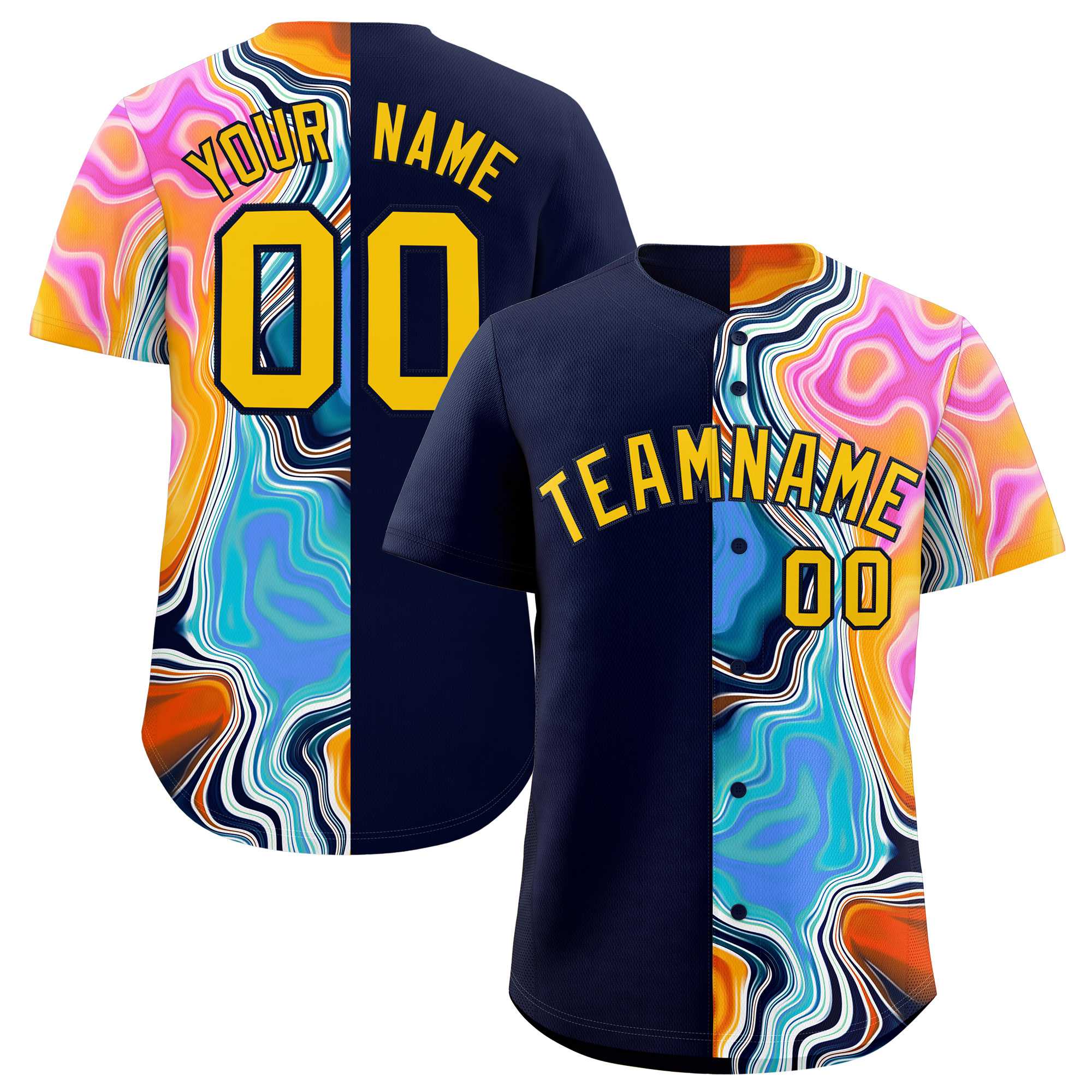Custom Navy Split Fashion Fluid Pattern Authentic Baseball Jersey| KXKSHOP