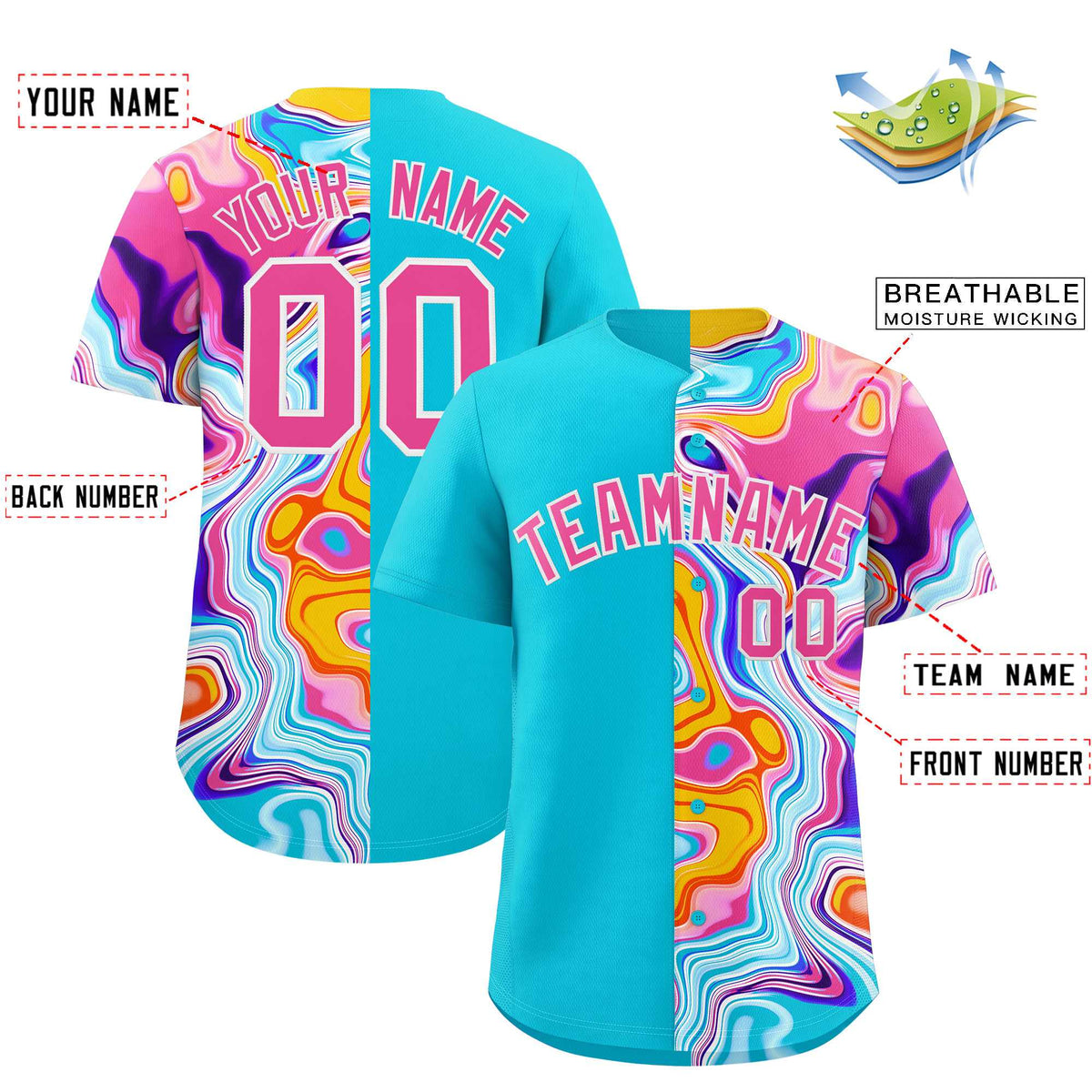 Custom Sky Blue Split Fashion Fluid Pattern Authentic Baseball Jersey| KXKSHOP