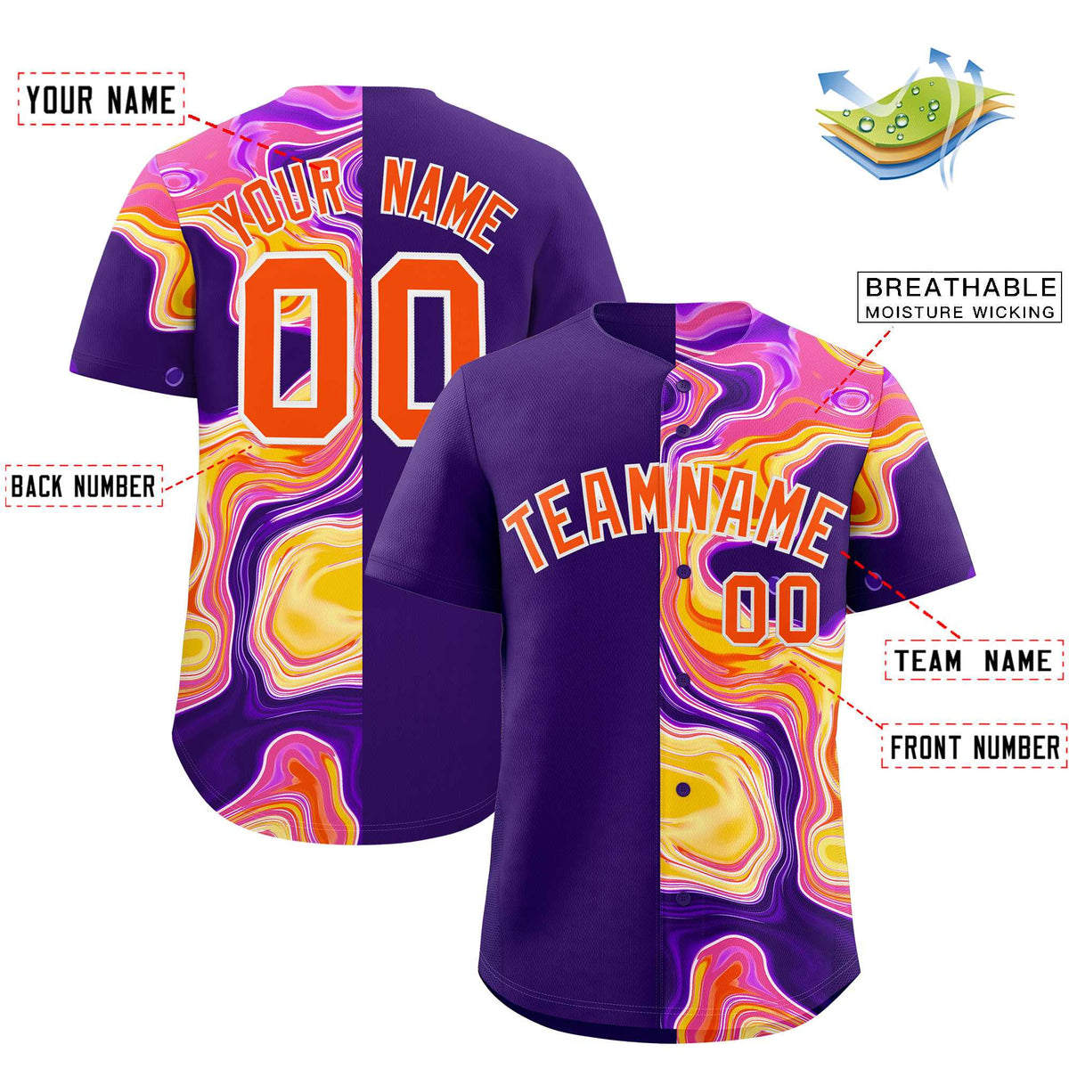 Custom Purple Split Fashion Fluid Pattern Authentic Baseball Jersey| KXKSHOP