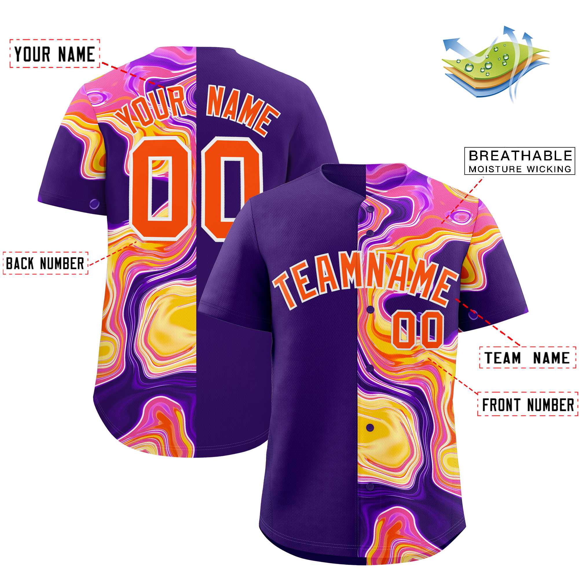 Custom Purple Split Fashion Fluid Pattern Authentic Baseball Jersey| KXKSHOP
