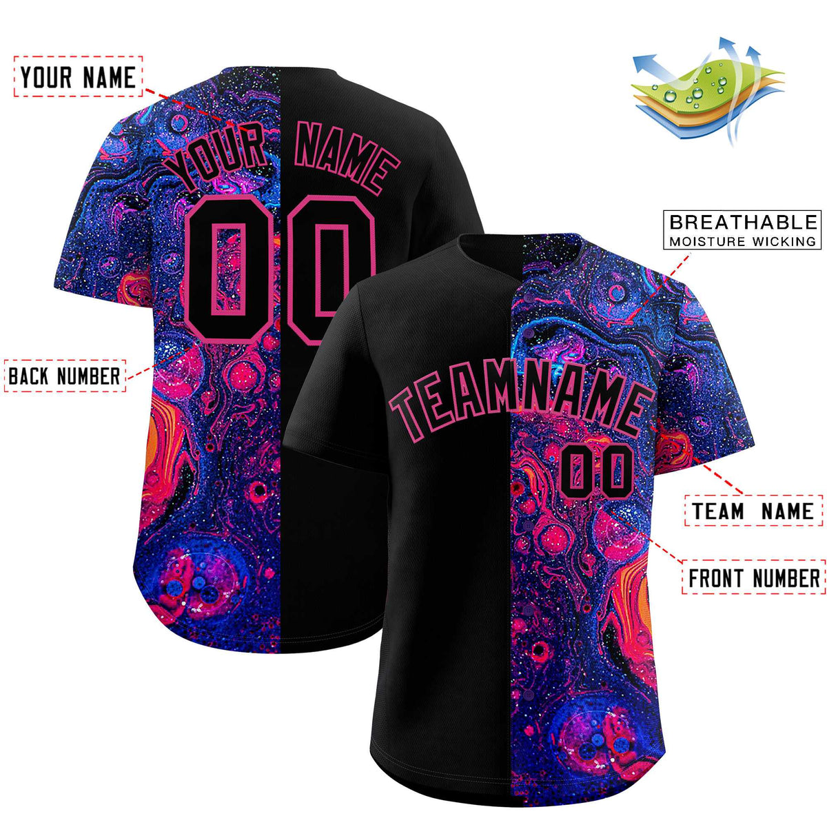 Custom Black Split Fashion Fluid Pattern Authentic Baseball Jersey| KXKSHOP
