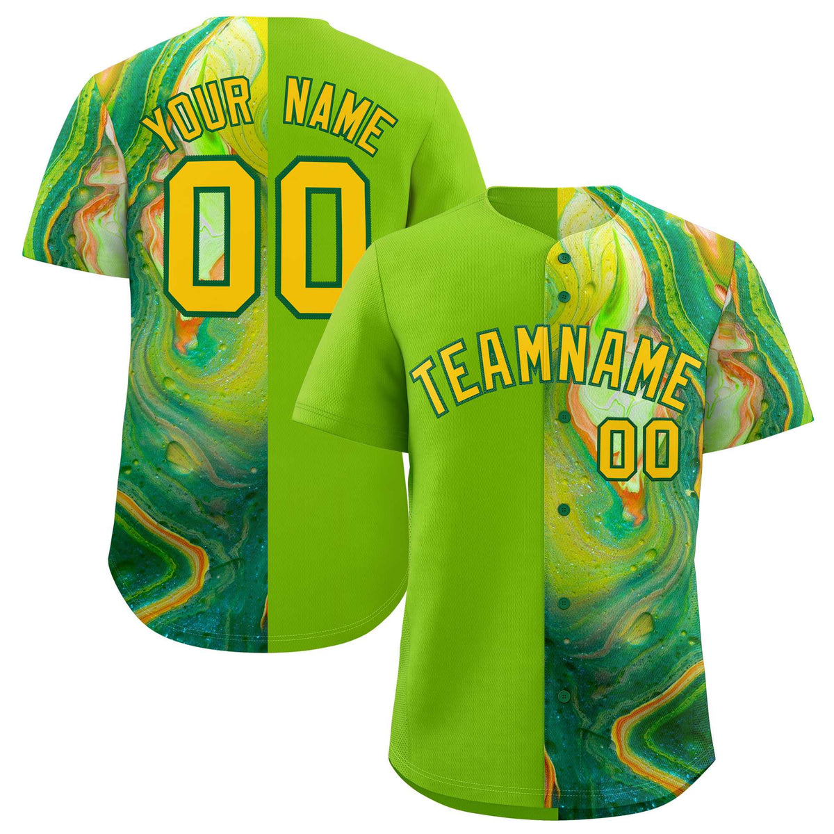 Custom Neon Green Split Fashion Fluid Pattern Authentic Baseball Jersey| KXKSHOP