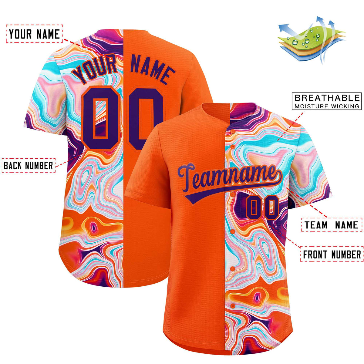 Custom Orange Split Fashion Fluid Pattern Authentic Baseball Jersey| KXKSHOP