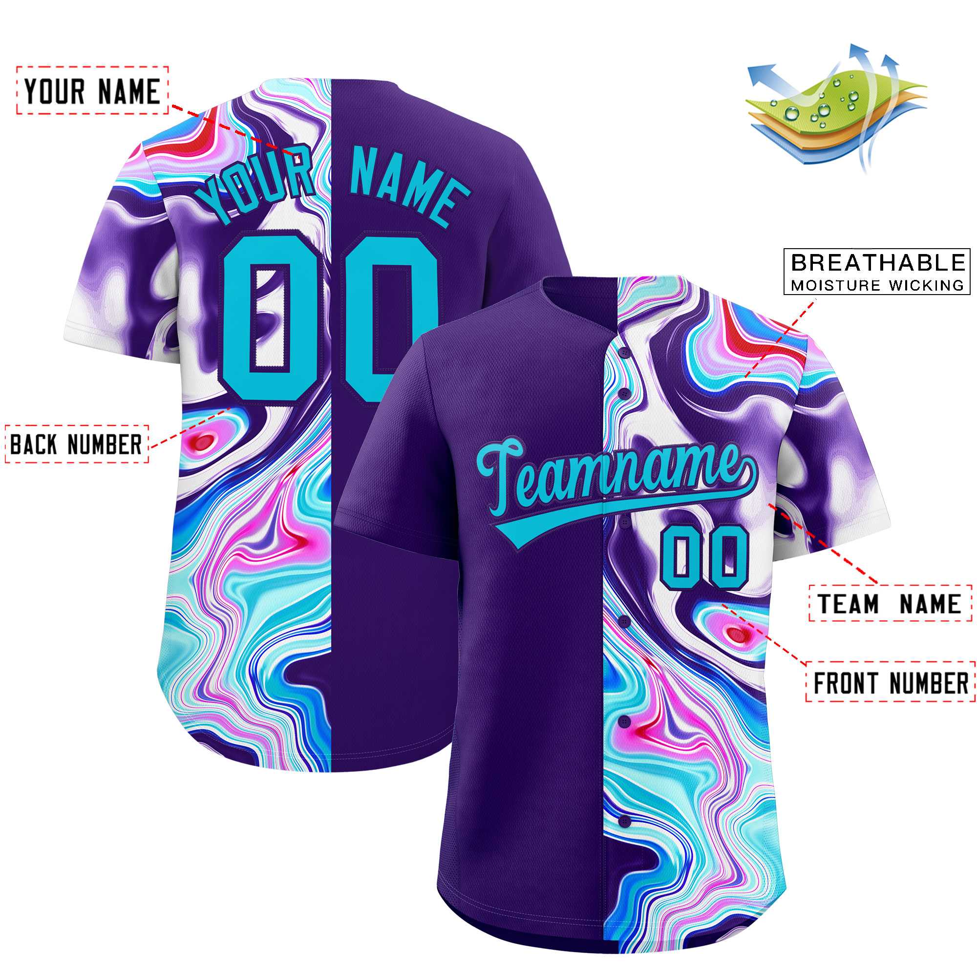 Custom Purple Split Fashion Fluid Pattern Authentic Baseball Jersey| KXKSHOP